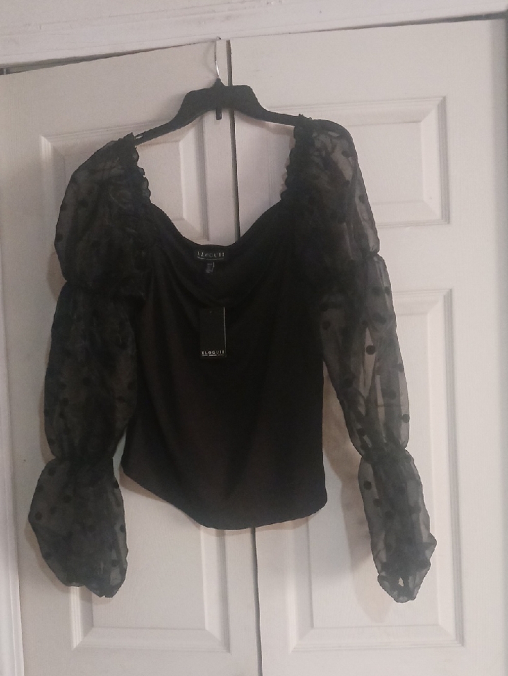 Eloquii Black Sheer Polka-Dot Puff Sleeve Top